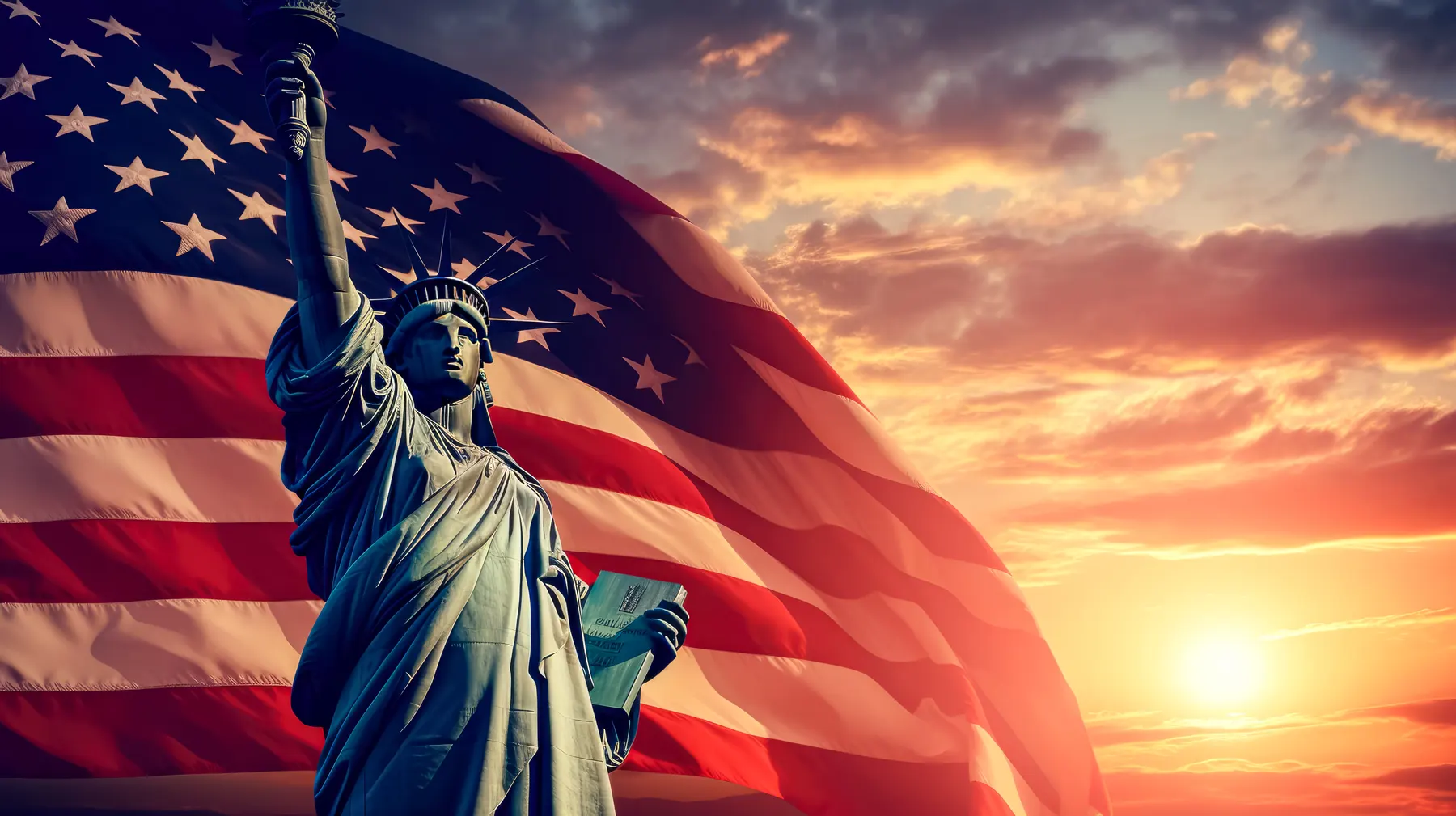 Estátua da Liberdade diante da bandeira dos Estados Unidos ao entardecer