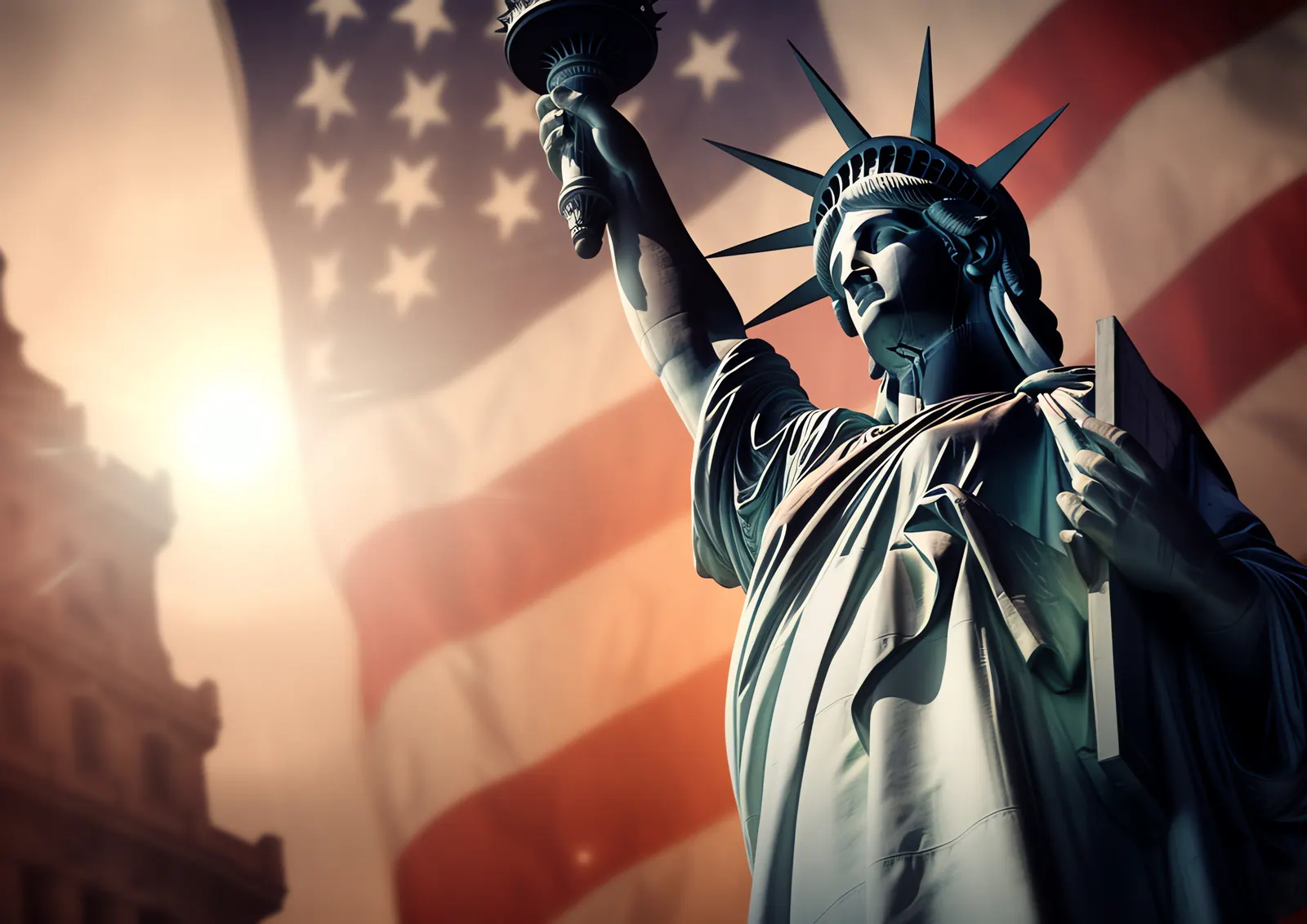 Estátua da Liberdade em contraluz com a bandeira americana ao fundo